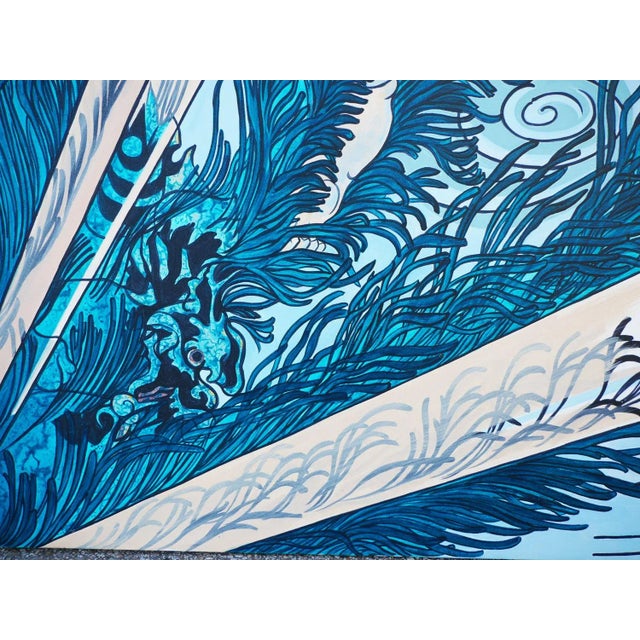 1990s Large Blue Painting of “Wakashima Gonemon Swimming Underwater” Ukiyo-E Print by Unknown Artist For Sale - Image 11 of 12