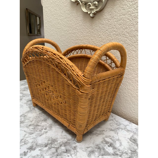 Cabin Vintage Wood Wicker Honey Toned Storage Basket For Sale - Image 3 of 10