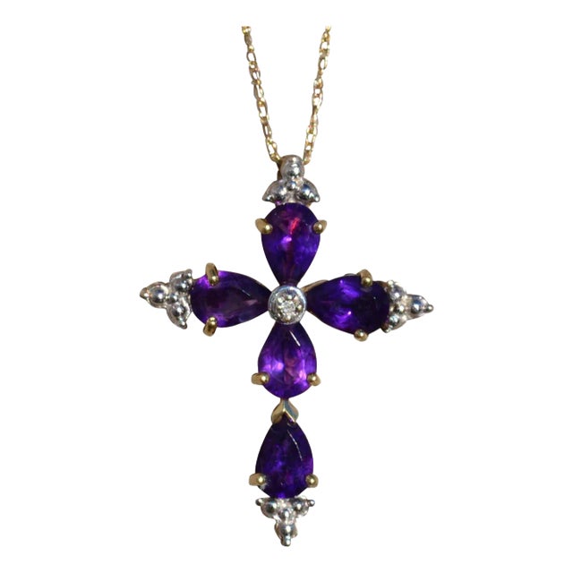Ladies Amethyst and Diamond Cross Necklace in Yellow Gold For Sale