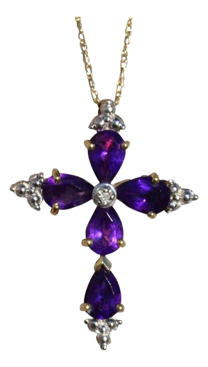 Ladies Amethyst and Diamond Cross Necklace in Yellow Gold
