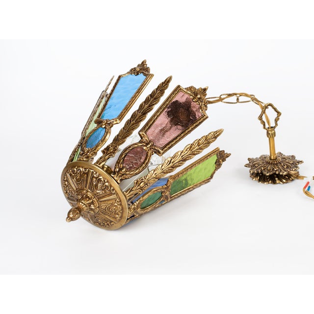Brass 1960s Spanish Gothic Brass 3-Light Lantern With Multi-Color Stained Cathedral Glass For Sale - Image 8 of 12