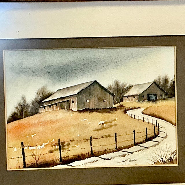 Tan 1970s Vintage Impressionist Arts & Crafts Farmhouse Original Watercolor Painting, Two Barns Landscape For Sale - Image 8 of 12