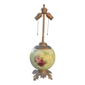 Antique Gone With the Wind Style Lamp With a Hand Painted Green Base With Roses