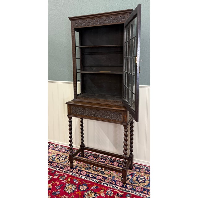 Brown Antique English Oak Jacobean Revival Barley Twist Bookcase Display Cabinet 1900s For Sale - Image 8 of 18