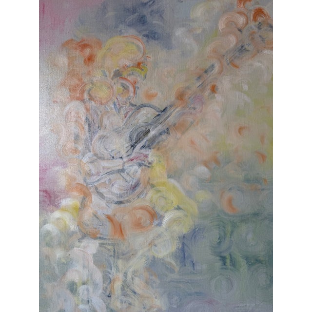 Wood 1970’s Iras “Guitar + Girl” Impressionist Abstract Oil on Canvas Painting, Framed For Sale - Image 7 of 12