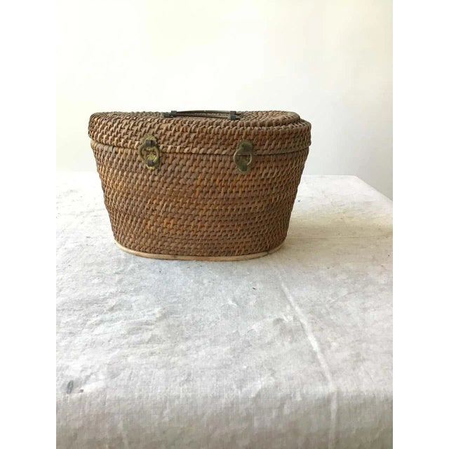 Wood 1920s Chinese Wicker and Brass Lunch Basket For Sale - Image 7 of 13