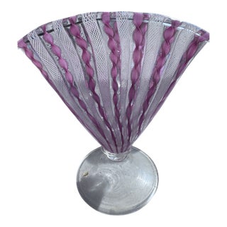 Vintage Murano-Style Latticino Art Glass Vase – Pink & White Ribbon Swirl – Hand Blown Flared Base For Sale