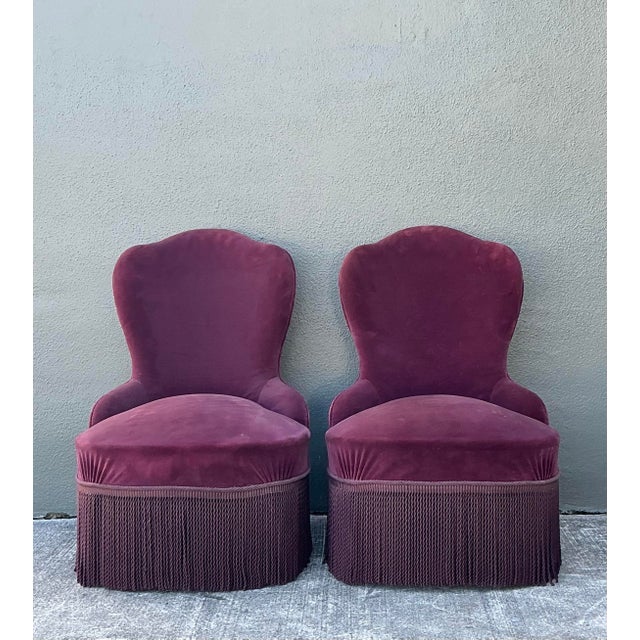 French Vintage Camel Back Slipper Chairs - A Pair For Sale - Image 3 of 12
