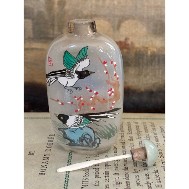 Chinese Tall Midcentury Reverse Painted Snuff Bottle With Spoon For Sale - Image 3 of 5