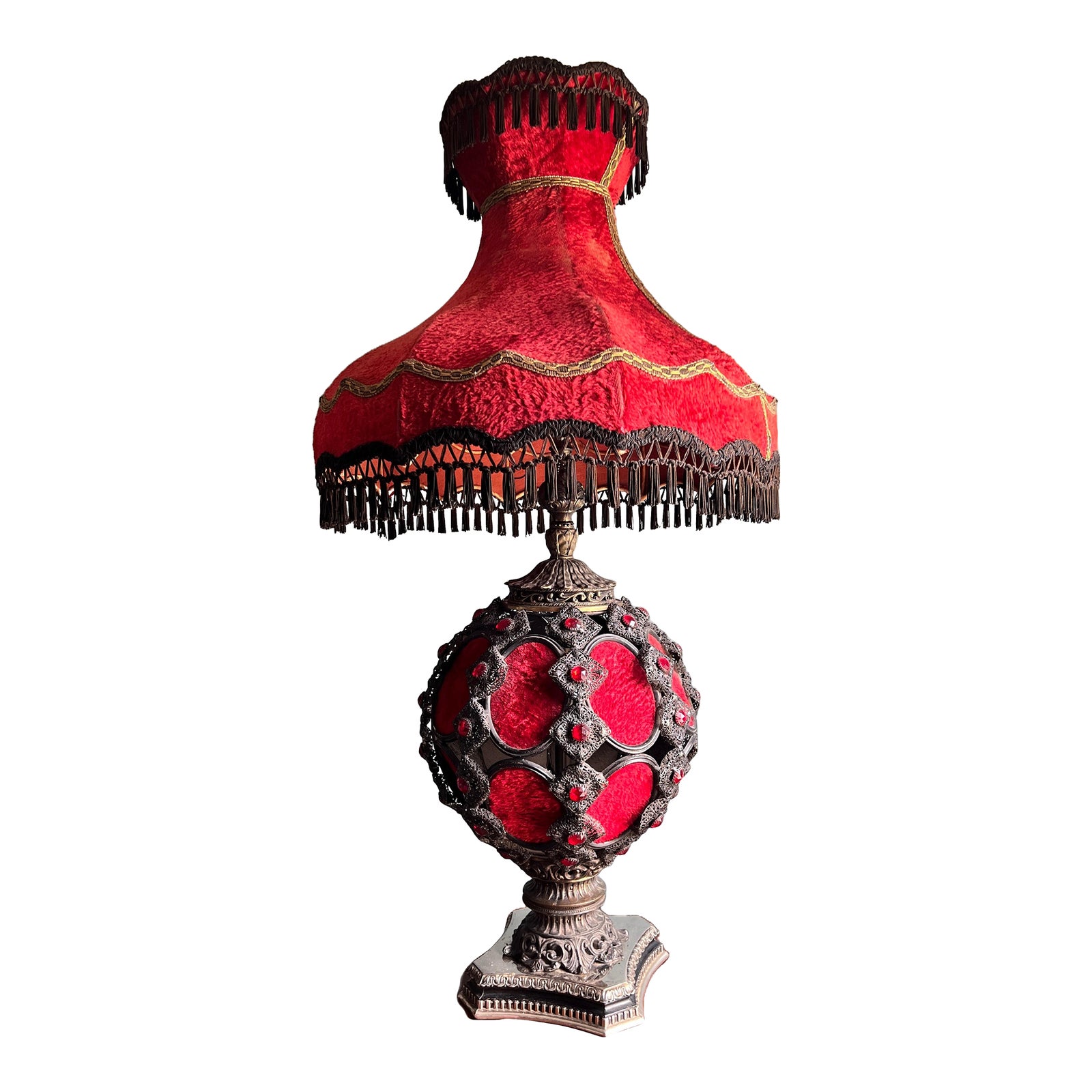 Mid 20th Century Falkenstein Victorian Gothic Revival Red and Black Table  Lamp