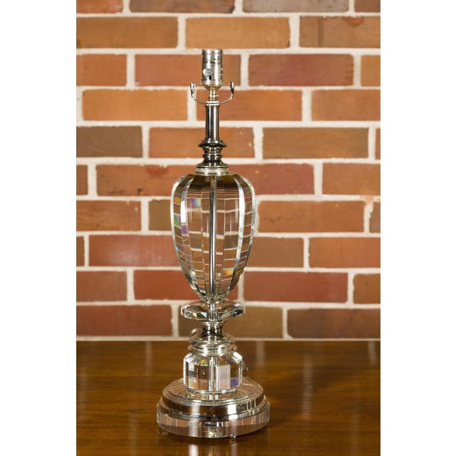 Mid 20th Century French Crystal Single-Light Table Lamps on Lucite Bases - Pair For Sale - Image 9 of 12