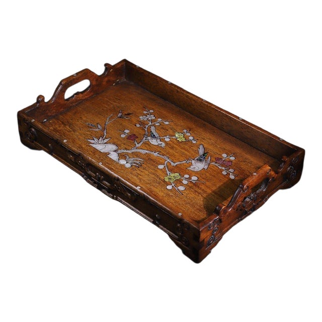 Late 20th Century Zen-Style Huali Wood Handcrafted Tray With Mother-of-Pearl Inlay, Floral & Bird Motif Chinese Decorative Serving Tray For Sale