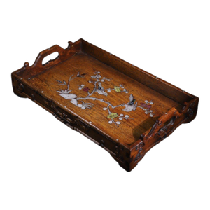 Late 20th Century Zen-Style Huali Wood Handcrafted Tray With Mother-of-Pearl Inlay, Floral & Bird Motif Chinese Decorative Serving Tray