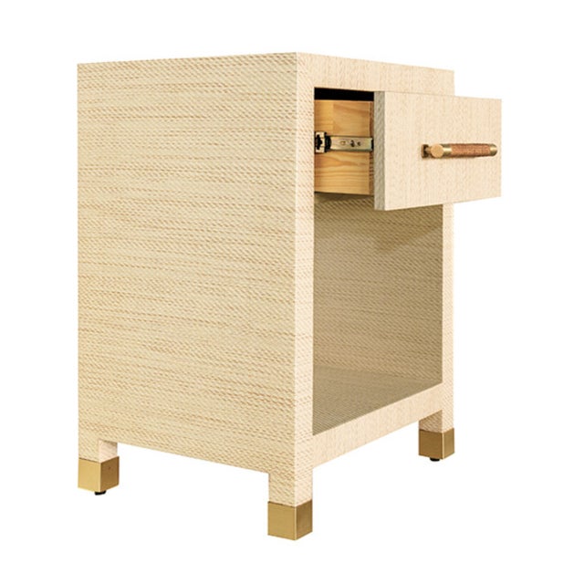 Contemporary Matthew Izzo Home Pelham Natural Grasscloth One Drawer Side Table With Brass and Rattan Wrapped Handle For Sale - Image 3 of 6