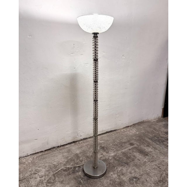 Murano glass floor lamp by Barovier & Toso, chromed metal frame with a stem completed with lens glass elements and a...