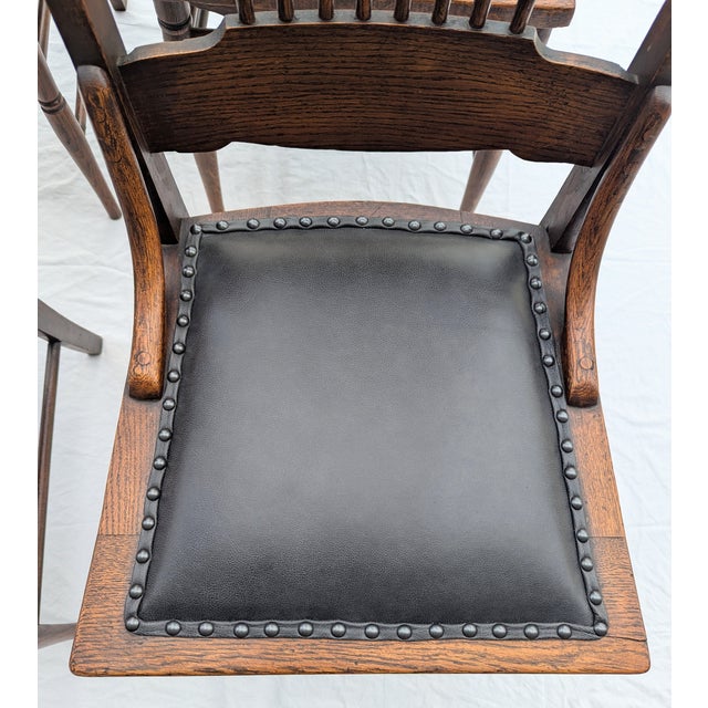 Late 19th Century Victorian Pressed Back Oak Dining Chairs Leather Seats Spindle Back For Sale - Image 13 of 18