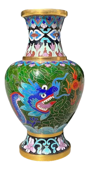Cloisonne Asian Dragonware Vase in Emerald Green and Brass