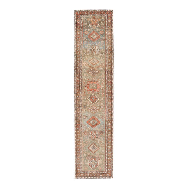 Antique Persian Long Serapi Runner With Multi Medallions in Green, Blue, Orange For Sale
