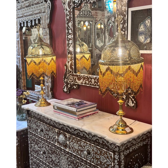 Moroccan Vintage Brass Table Lamps With Glass Beads - a Pair For Sale - Image 3 of 14
