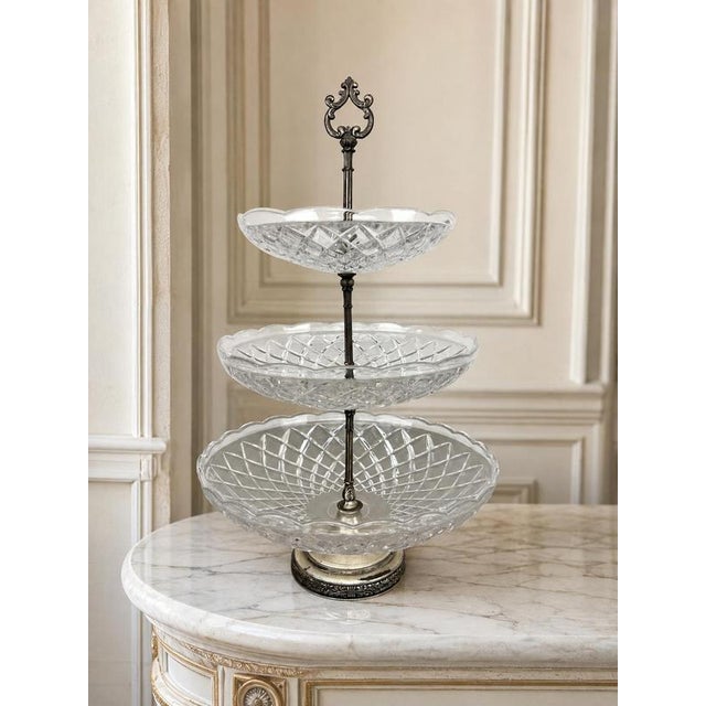 Vintage French Crystal Cut 3-Tier Serving Cake Stand For Sale - Image 14 of 14