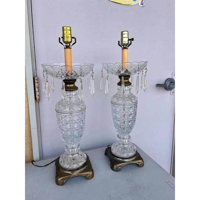 Early 20th Century Vintage Early 20th Century Pair Crystal & Brass Lamps -2 For Sale - Image 5 of 12