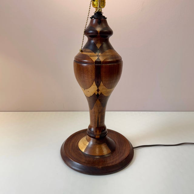 Mid-Century Modern Mid-Century Turned Mixed Wood Lamp With Shade For Sale - Image 3 of 8