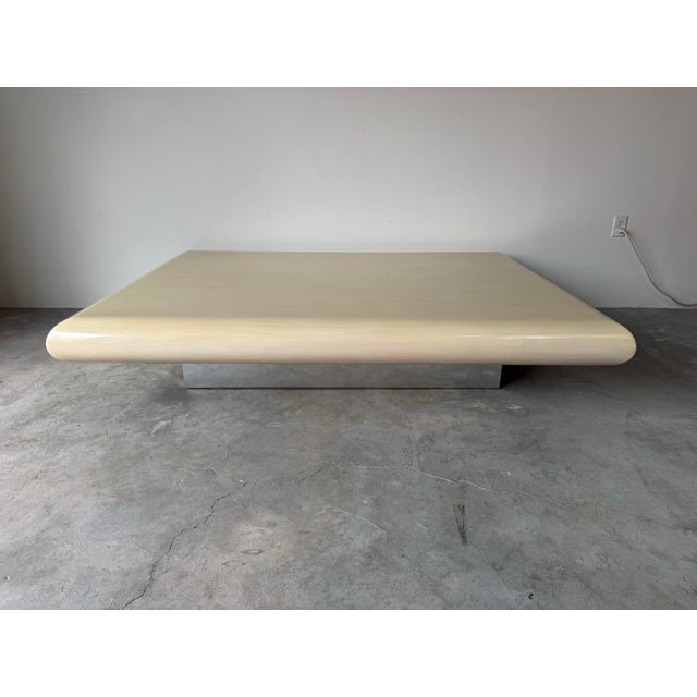 Mid-Century Modern Large Karl Springer–Style Bullnose Lacquer Floating Coffee Table With Chrome Base For Sale - Image 3 of 12
