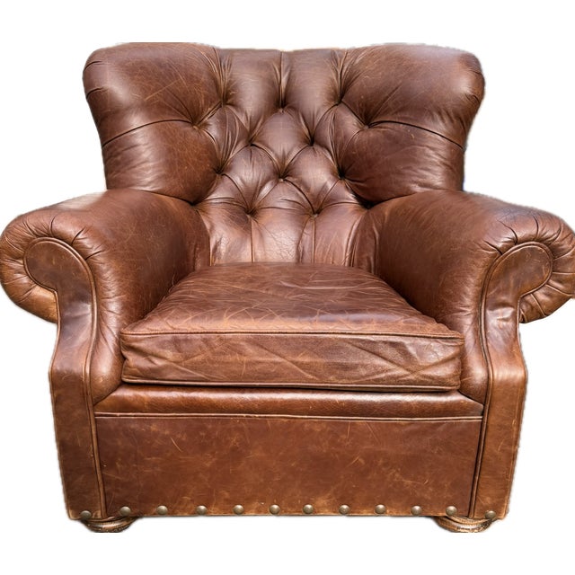 2000 - 2009 Cigar Leather Restoration Hardware Chair & Coordinating Ottoman, a Pair For Sale - Image 5 of 18