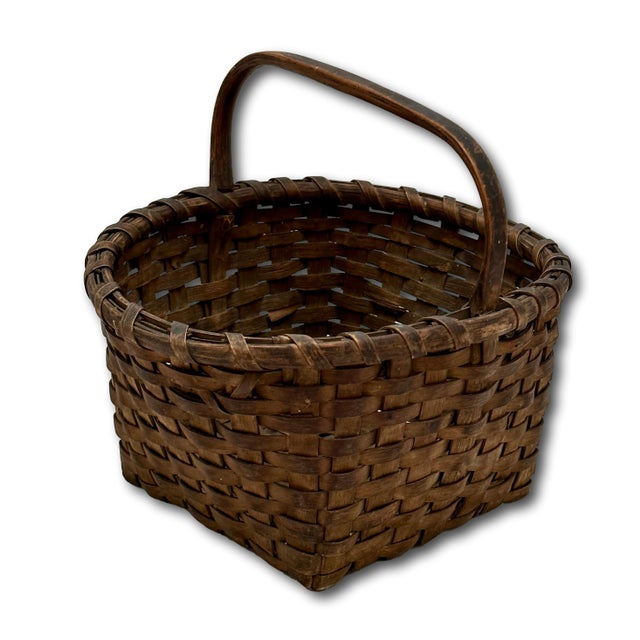 Excellent Small Size Antique New England American Hand Woven Ash Wood Splint Berry Gathering Basket For Sale - Image 15 of 18