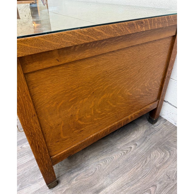 Antique American Arts & Crafts Mission Tiger Oak Executive Desk Partner Desk For Sale - Image 9 of 17