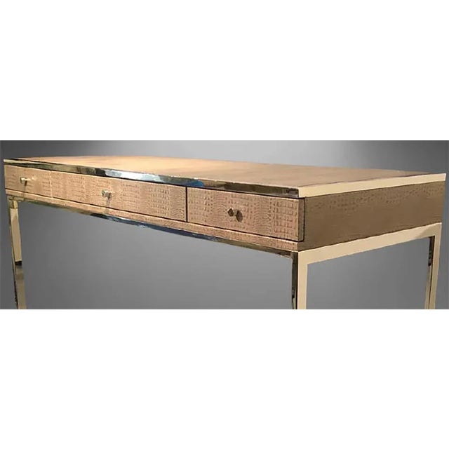 Hollywood Regency style modern desk or writing table. Embossed and stitched leather on a sleek and stylish chromed steel...