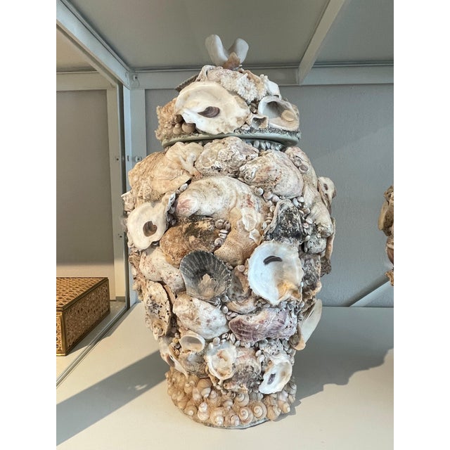 Late 20th Century Large Shell-Encrusted Urns With Lids For Sale - Image 4 of 6