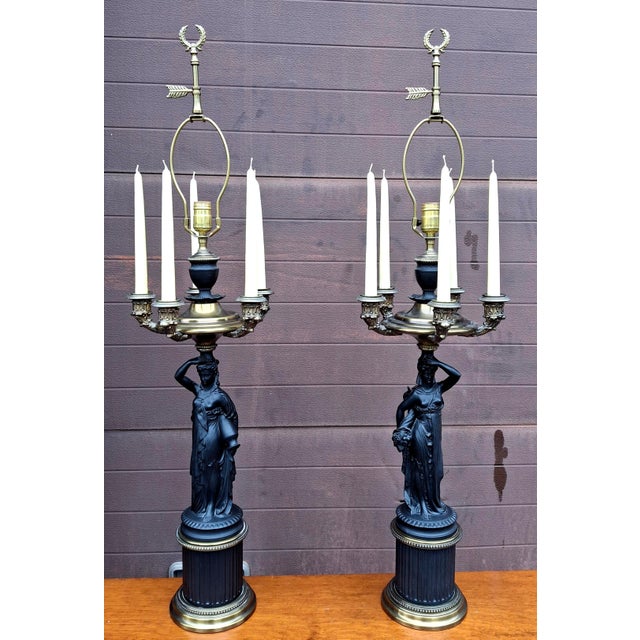 Mid 20th Century Pair P Hanson Attributed Napoleon III Gilt and Patinated Bronze Figural Five-Arm Candelabra Lamps For Sale - Image 11 of 16