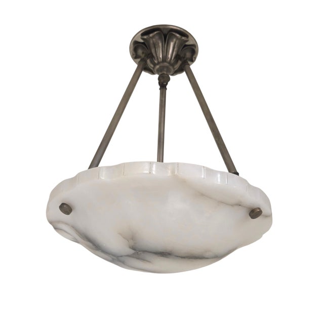 1930s French Art Deco Alabaster Pendant Light, White W/ Charcoal Grey Veining For Sale - Image 4 of 17