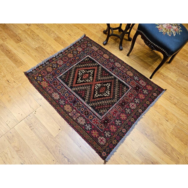 Tribal Vintage Afghan Baluch Tribal Area Rug in a Near-Square Size in Red, Blue, Brown For Sale - Image 3 of 17