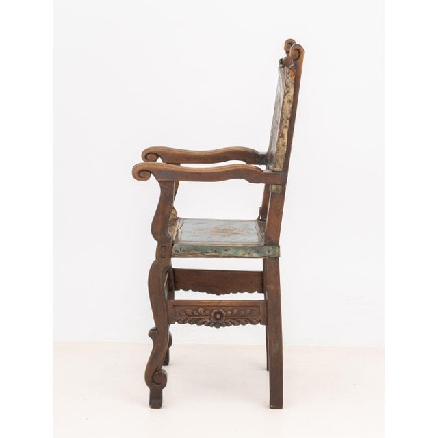 Wood Spanish Baroque Walnut and Leather Armchair, 18th Century For Sale - Image 7 of 8