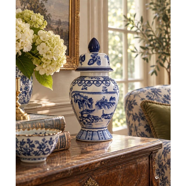 A classic blue and white ginger jar, decorated throughout with delicate Chinoiserie floral motifs. The pattern is dense...