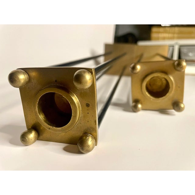 Metal Mid Century Transitional Black Metal and Brass Candlesticks, a Pair For Sale - Image 7 of 12