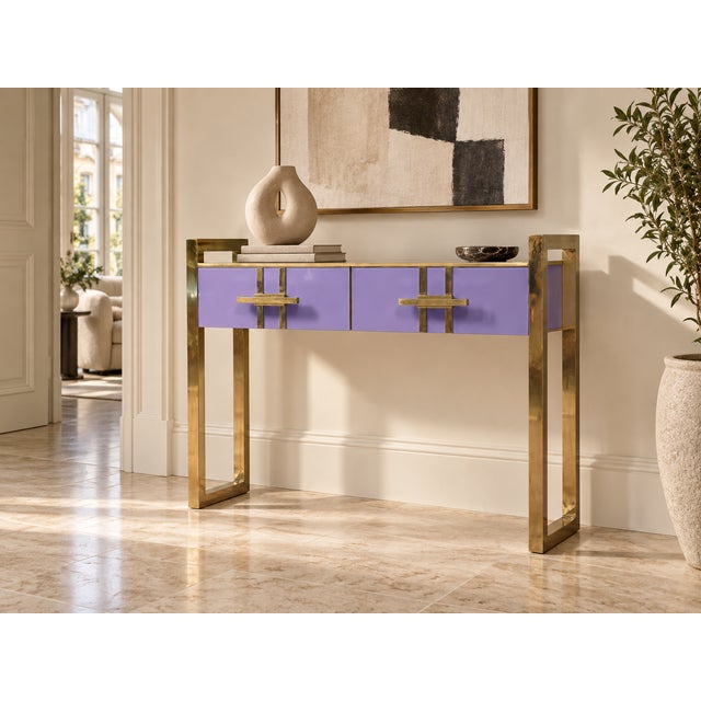 Wood Italian Console Table in Purple Murano Glass and Brass from Justfurnituress SRL For Sale - Image 7 of 10
