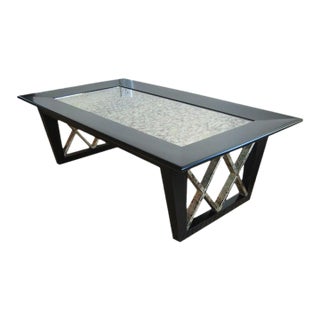 Vintage Black Satin X Frame Cocktail Table With New Eglomise Mirrored Top, 1950's For Sale