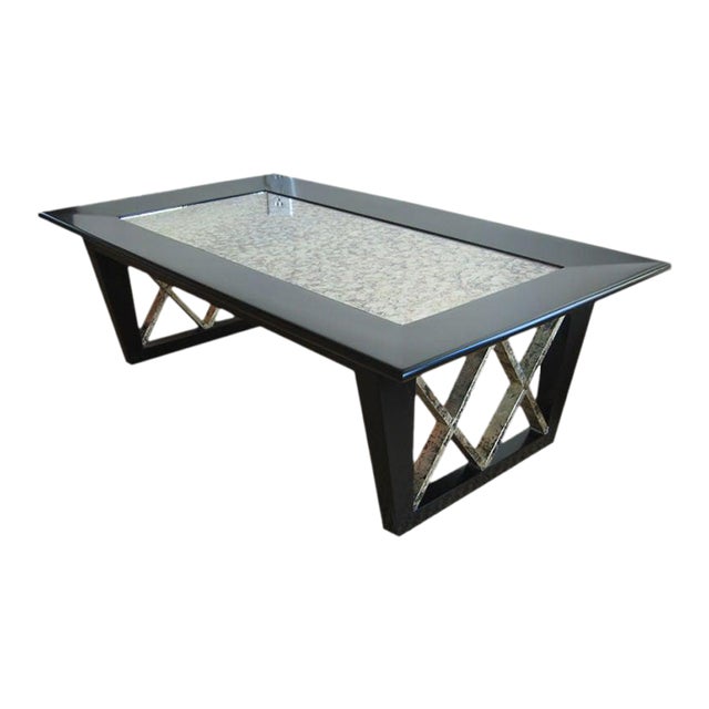 Vintage Black Satin X Frame Cocktail Table With New Eglomise Mirrored Top, 1950's For Sale