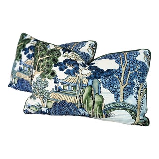 Thibaut Asian Scenic Blue and Green 16" x 24" Lumbar Pillows - Set of 2 For Sale