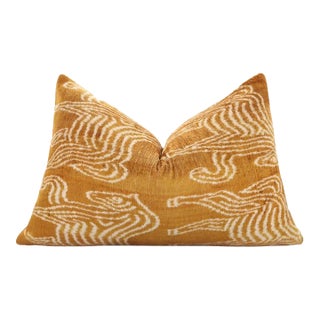 Luxury Golden Yellow Ikat Silk Velvet Throw Pillow 16x24 – Handmade Lumbar For Sale