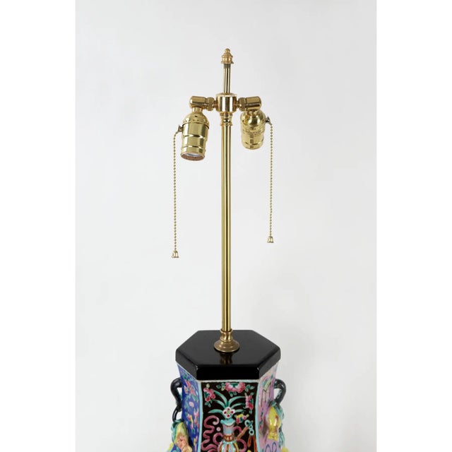 Blue 19 Century Chinese Qing Multi-Colored Hexagonal Porcelain Table Lamp With Raise Work Decorations and Small Branch Handles For Sale - Image 8 of 10