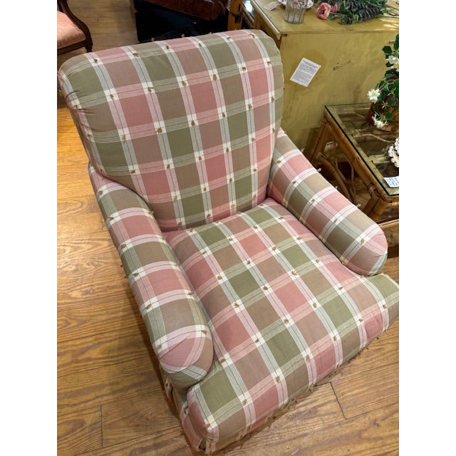 Pair of Pink and Green Plaid Upholstered Armchairs For Sale In Philadelphia - Image 6 of 10