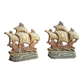 Set of 2 VTG Cast Iron Sailing Ship Bookends Spanish Galleon Doorstops For Sale