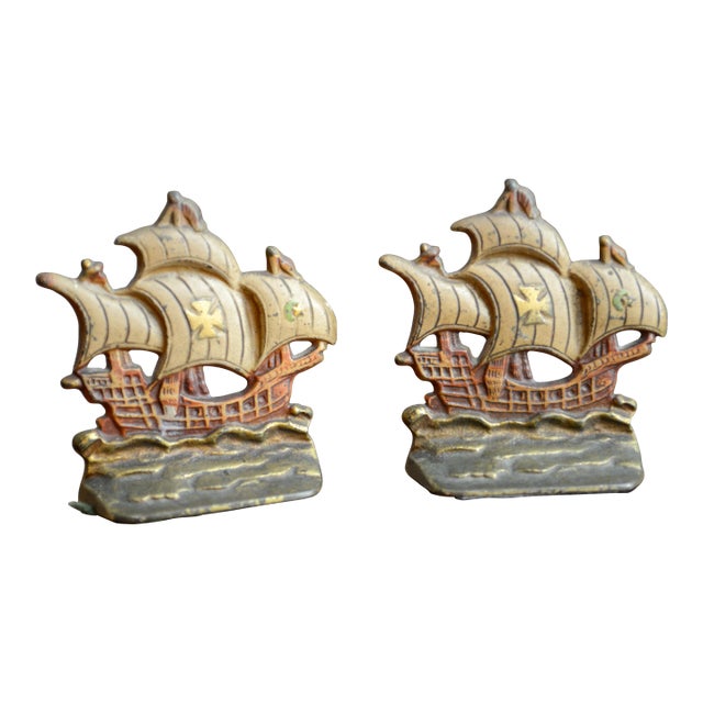 Set of 2 VTG Cast Iron Sailing Ship Bookends Spanish Galleon Doorstops For Sale