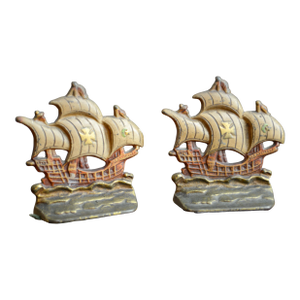 Set of 2 VTG Cast Iron Sailing Ship Bookends Spanish Galleon Doorstops