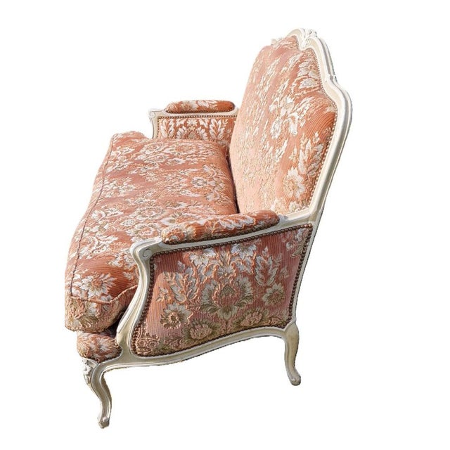 Lovely little Louis Whiplash armrests. It rests on arched and sculpted legs. It is covered in damask velvet with floral...