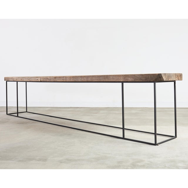 2000 - 2009 Monumental Reclaimed Wood Plank Top Iron Console 13.5 Ft For Sale - Image 5 of 18